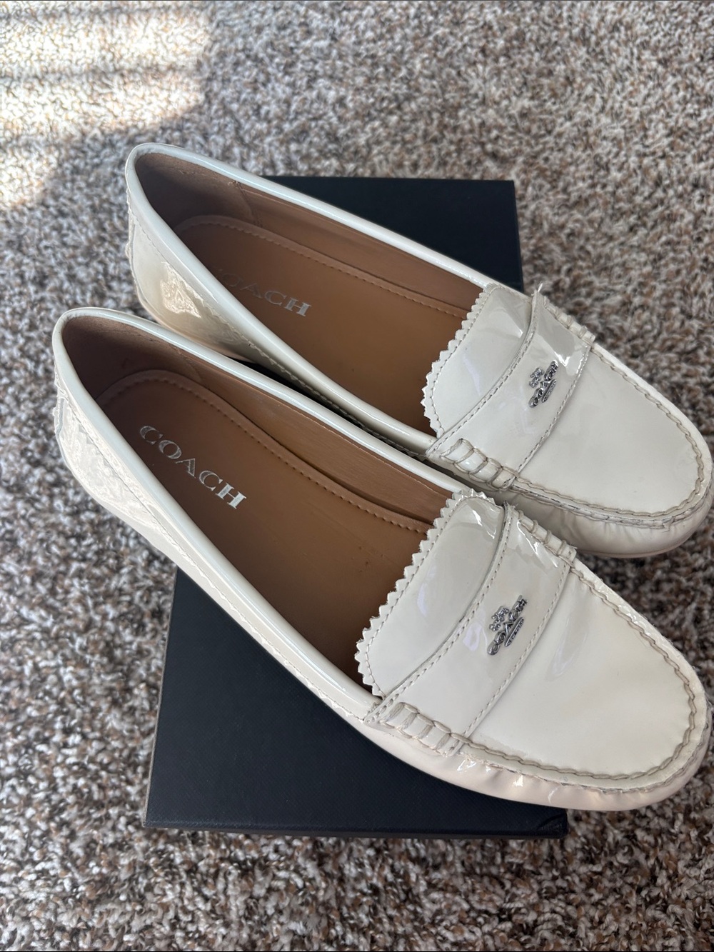 COACH Cream Patent Leather Penny Loafers